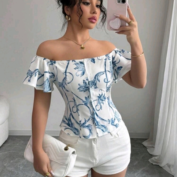 Women Floral Print Off Shoulder Ruffle Trim Summer Vacation Blouse - Picture 1 of 4